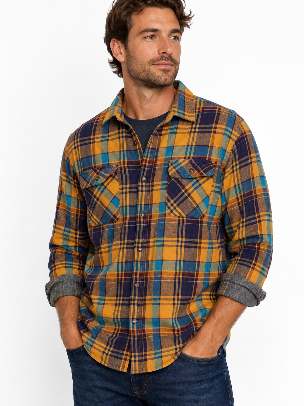 Men’s L Plaid Flannel Shirt Blue Mustard Western Outdoor Button Up *